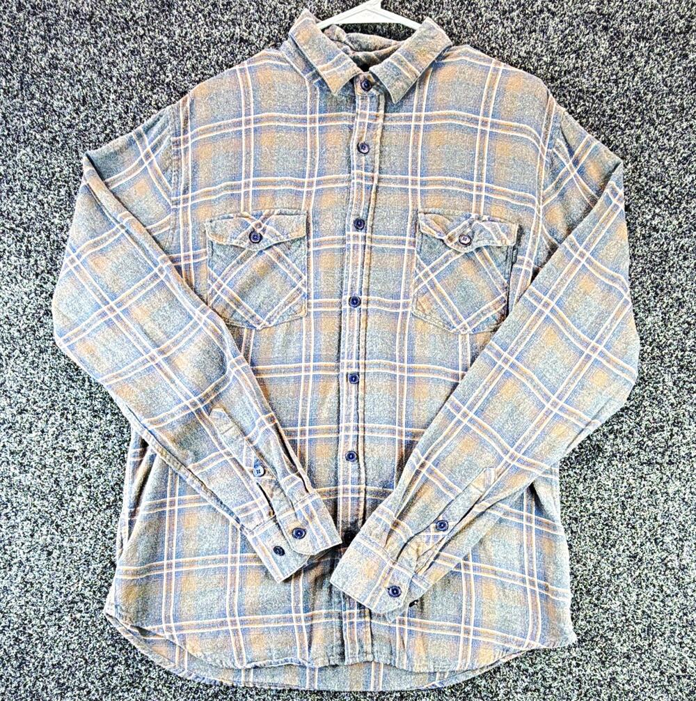 VALOR Men's M Blue Gray Brown Cotton Flannel Plaid L/S Button-Up Pockets